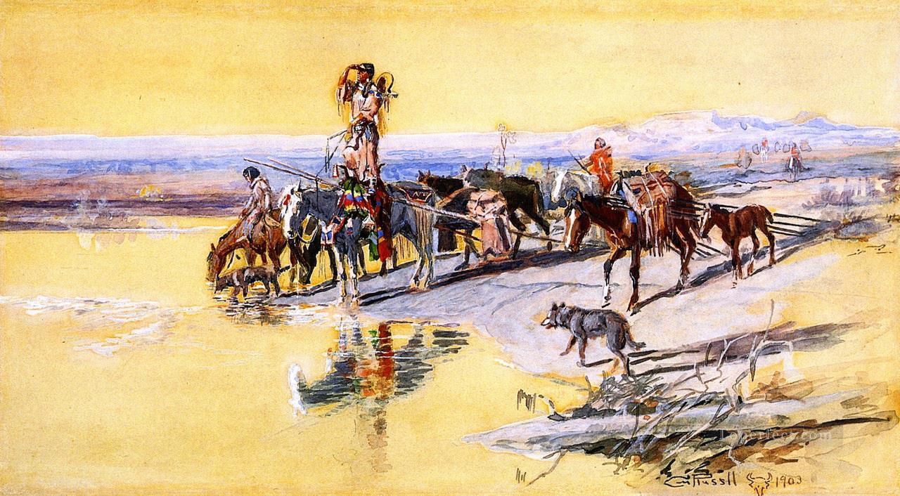 Indianer reisen auf Travois 1903 Charles Marion Russell Indianer Ölgemälde
